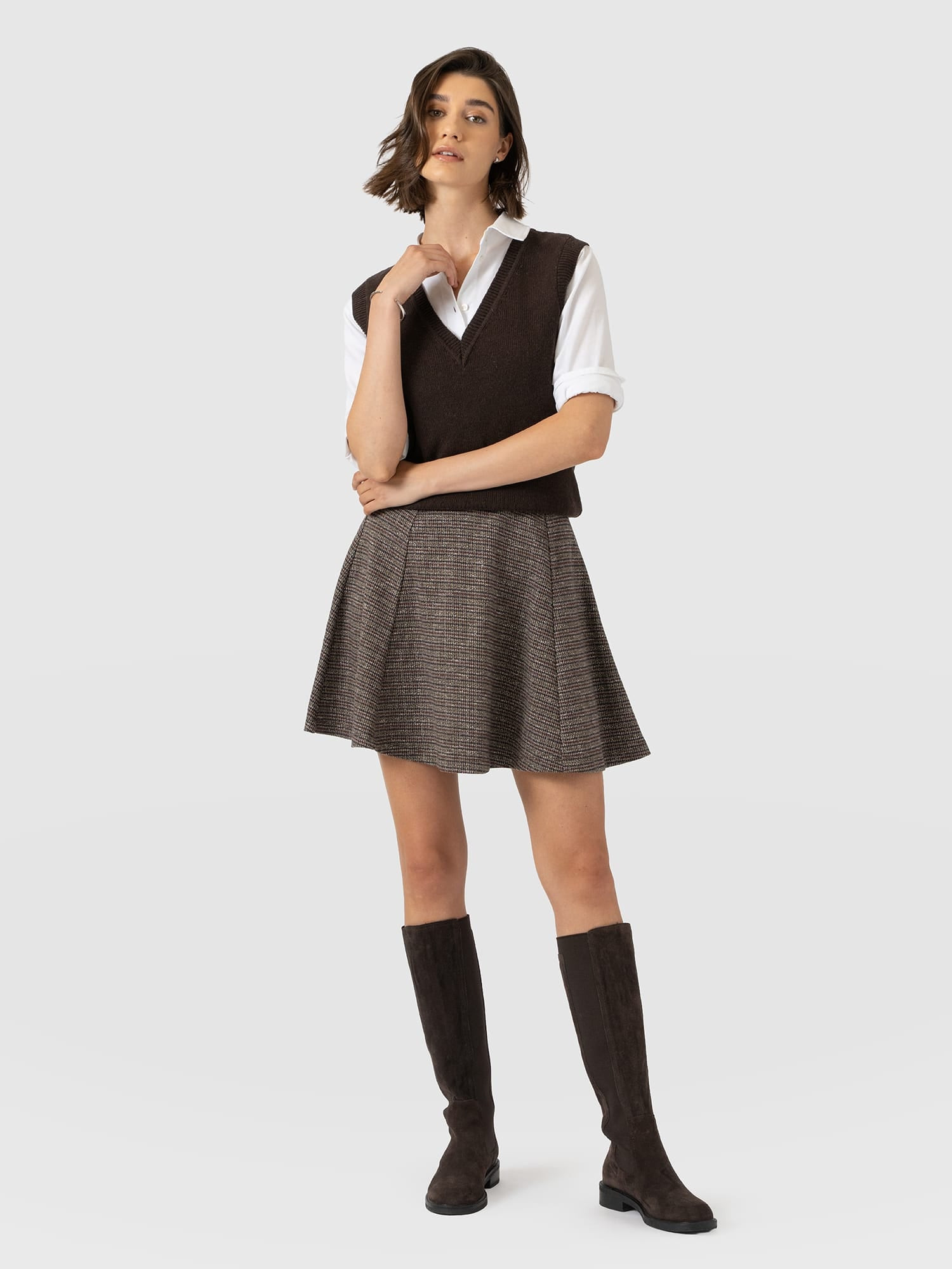 Macie Mini Skirt - Beige/Burgundy Check | Saint + Sofia (US)