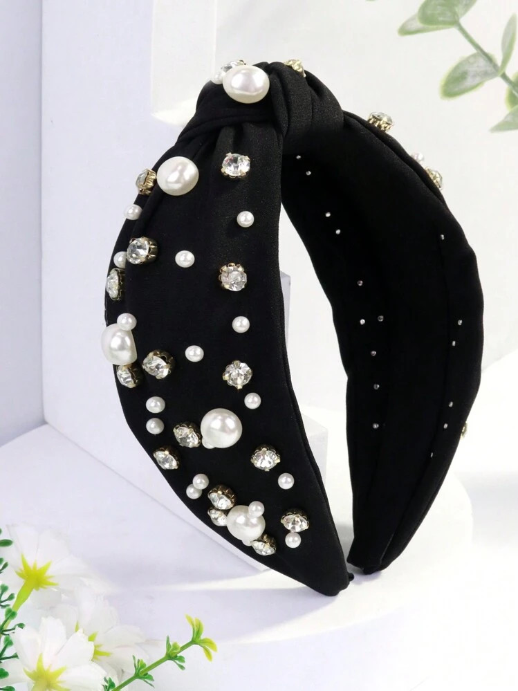 Royal 1pc Women Wide Fabric Band Faux Pearl & Rhinestone Decor Fashion Headband, Simple Solid Col... | SHEIN
