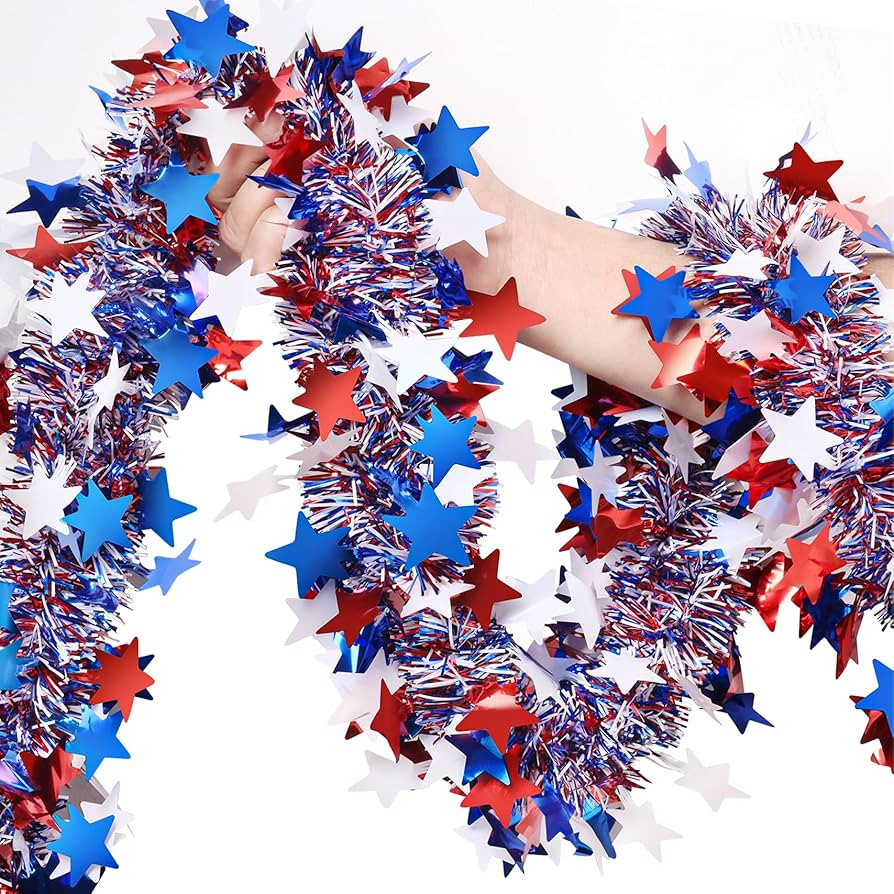 4th of July Garland Decorations,50Ft Glitter Tinsel Patriotic Decor for Tree Car Golf Cart Parade... | Amazon (US)