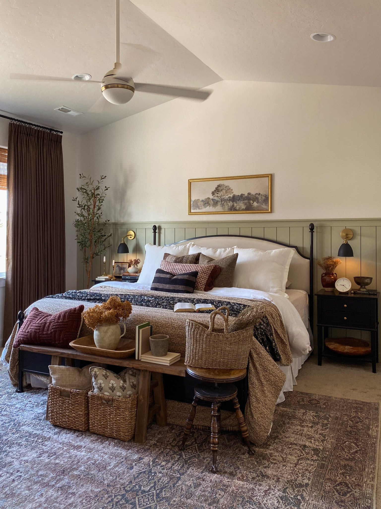 Our primary bedroom inspiration, old-world, collected, vintage style, loloi rug, Kantha quilt, noodle bench, wooden bench, Target style, home decor, Amazon finds, black affordable nightstands, affordable home decor, budget friendly home decor, four post bed, Turkish pillows, vintage pillows, checkered throw blanket, euro pillows, four post bed, budget friendly, euro pillows, vintage candle holders, antique piano stool, collected home

#LTKsalealert #LTKhome #LTKunder50