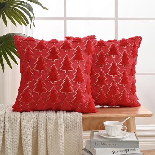 Volcanics Red Christmas Tree Decorative Throw Pillow Covers 18x18 Inch Set of 2, Soft Plush Faux Fur with Sparkling Sequin Design, Luxury Throw Pillowcases for Couch Holiday Festivals | Amazon (US)