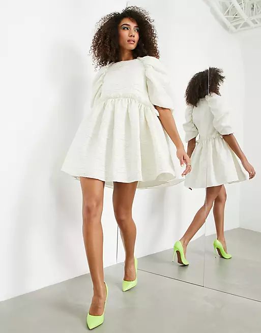 ASOS EDITION textured mini dress with ruffle detail in ivory | ASOS (Global)