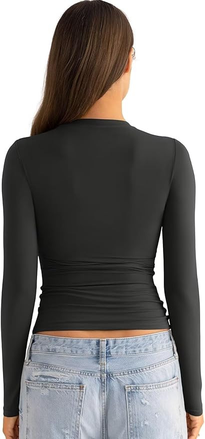 Womens Double Lined Long Sleeve Shirts Crewneck Ruched Top Tight Fitted Basic Tee Fall Spring Shi... | Amazon (US)