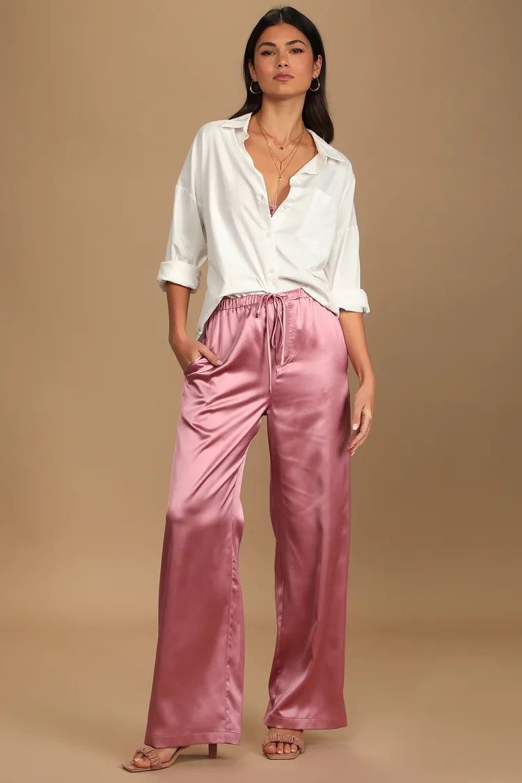 Up a Level Rose Pink Satin Wide-Leg Drawstring Trousers | Lulus (US)
