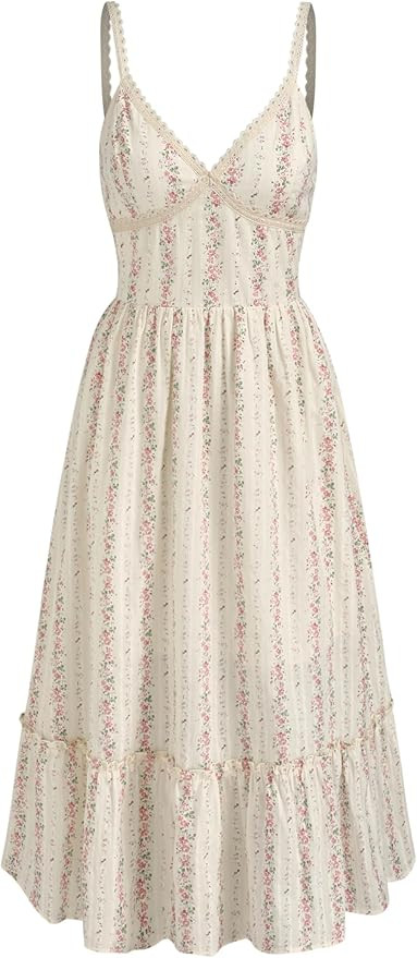 CIDER Summer Floral V Neck Maxi Dress Vacation Beach Sleeveless Cotton Shirred Mid Waist Dress | Amazon (US)