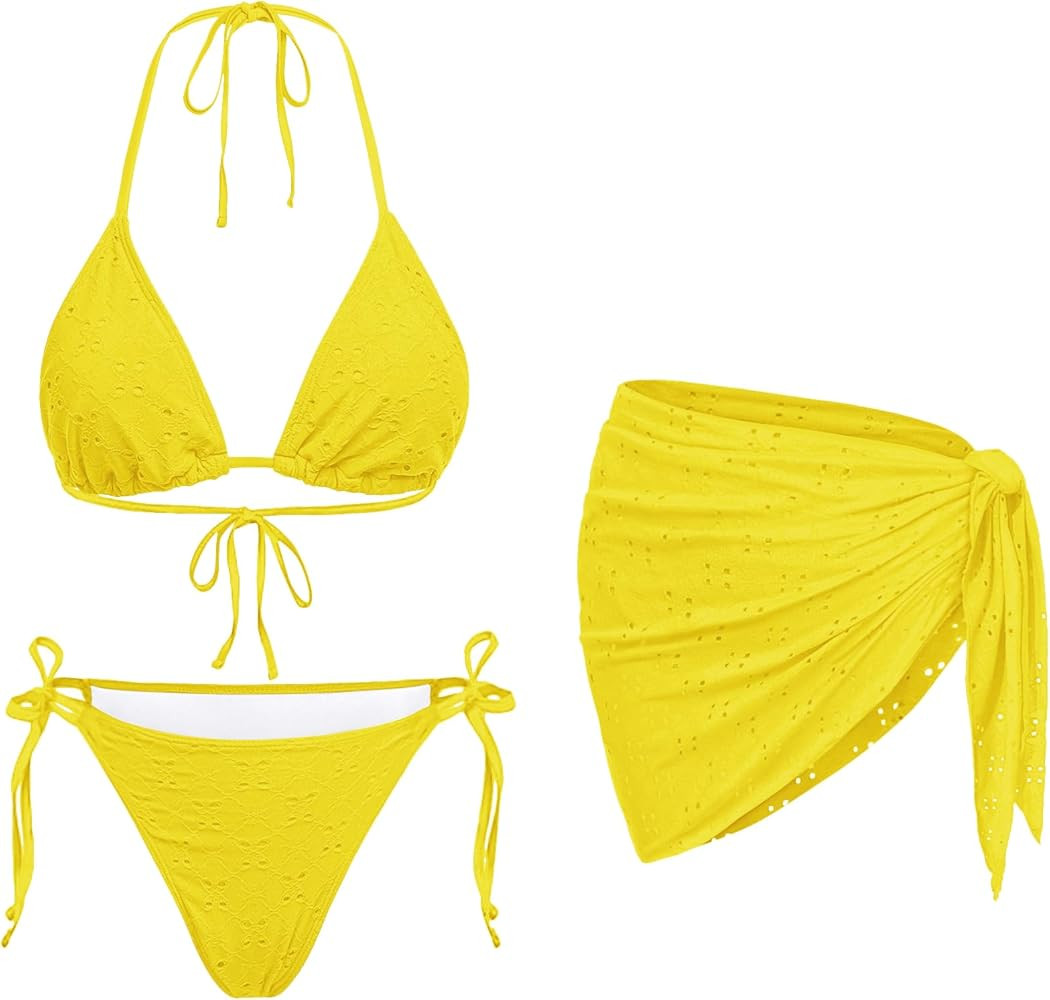Women 3 Piece Swimsuits - Sexy Triangle Bikini Sets with Cover Up Halter String Tie Side Bathing ... | Amazon (US)