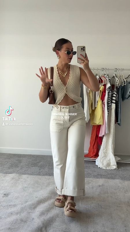 5/28/24 Casual summer outfit 🫶🏼 Summer outfit inspo, summer fashion, summer fashion trends 2024, sweater vest, sweater vest outfits, cream jeans, cuffed jeans, white jeans, summer jeans, summer pants, free people outfits, free people summer fashion, platform sandals, Steve Madden sandals, summer sandals, summer shoes