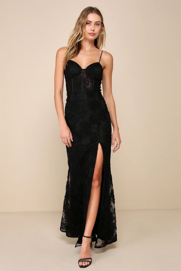 Sultry Direction Black Floral Lace Sheer Bustier Maxi Dress | Lulus