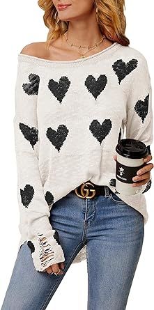 Chang Yun Women Off Shoulder Knitted Pullovers Sweater Loose Long Sleeve Hearts Printed Ripped To... | Amazon (US)