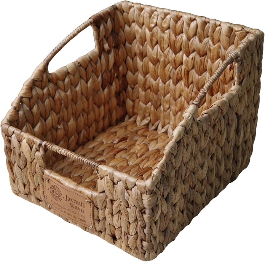 Handmade Water Hyacinth Wicker Pantry Organizer Bin – Slanted Front Storage Basket for Kitchen,... | Amazon (US)