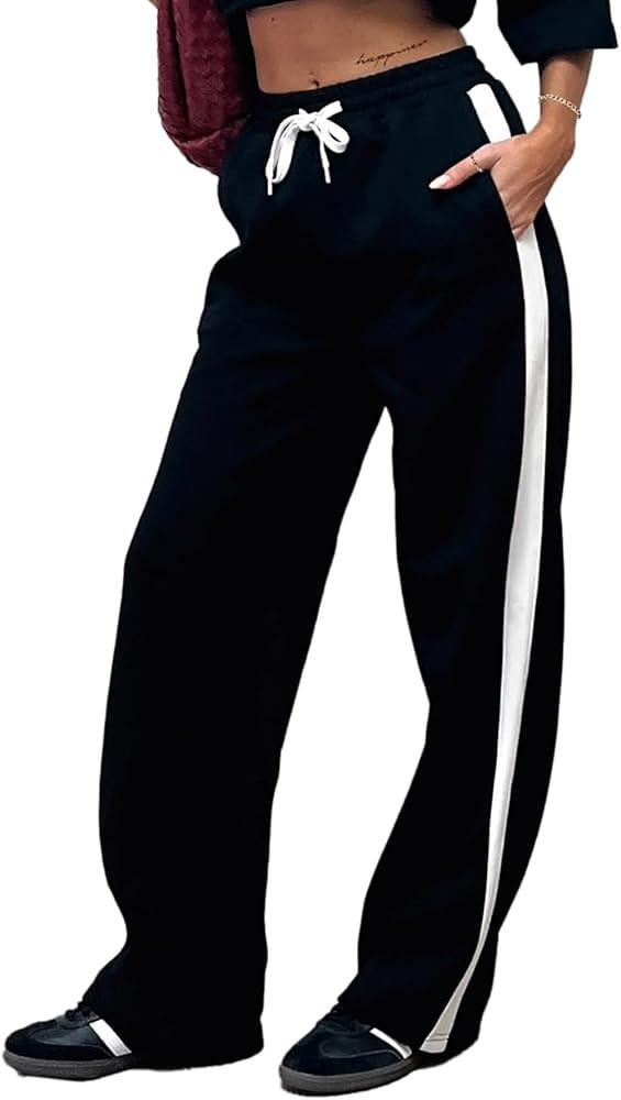 SOFIA'S CHOICE Women's Drawstring Sweatpants Side Stripe Pants Wide Leg Track Pants with Pockets | Amazon (US)