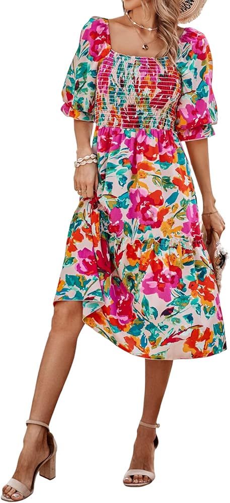 PRETTYGARDEN Womens Puff Sleeve Square Neck A Line Flowy Boho Floral Smocked Dresses | Amazon (US)
