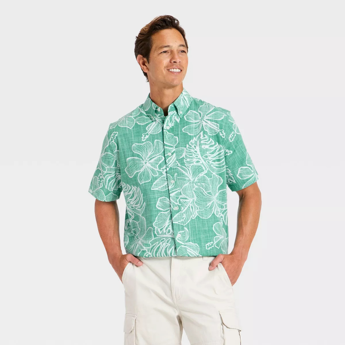 Men's Short Sleeve Hibiscus Button-Down Shirt - Goodfellow & Co™ x Reyn Spooner Teal Green L | Target