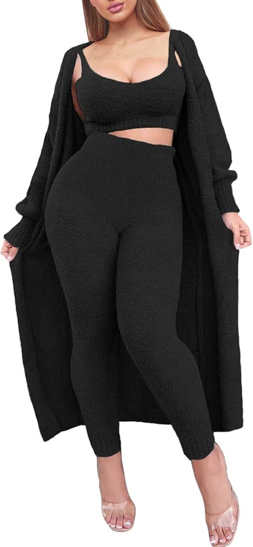 Fixmatti Women's Fuzzy 3 Piece Sweatsuit Open Front Cardigan Crop Tank Tops Wide Legs Pants Loung... | Amazon (US)
