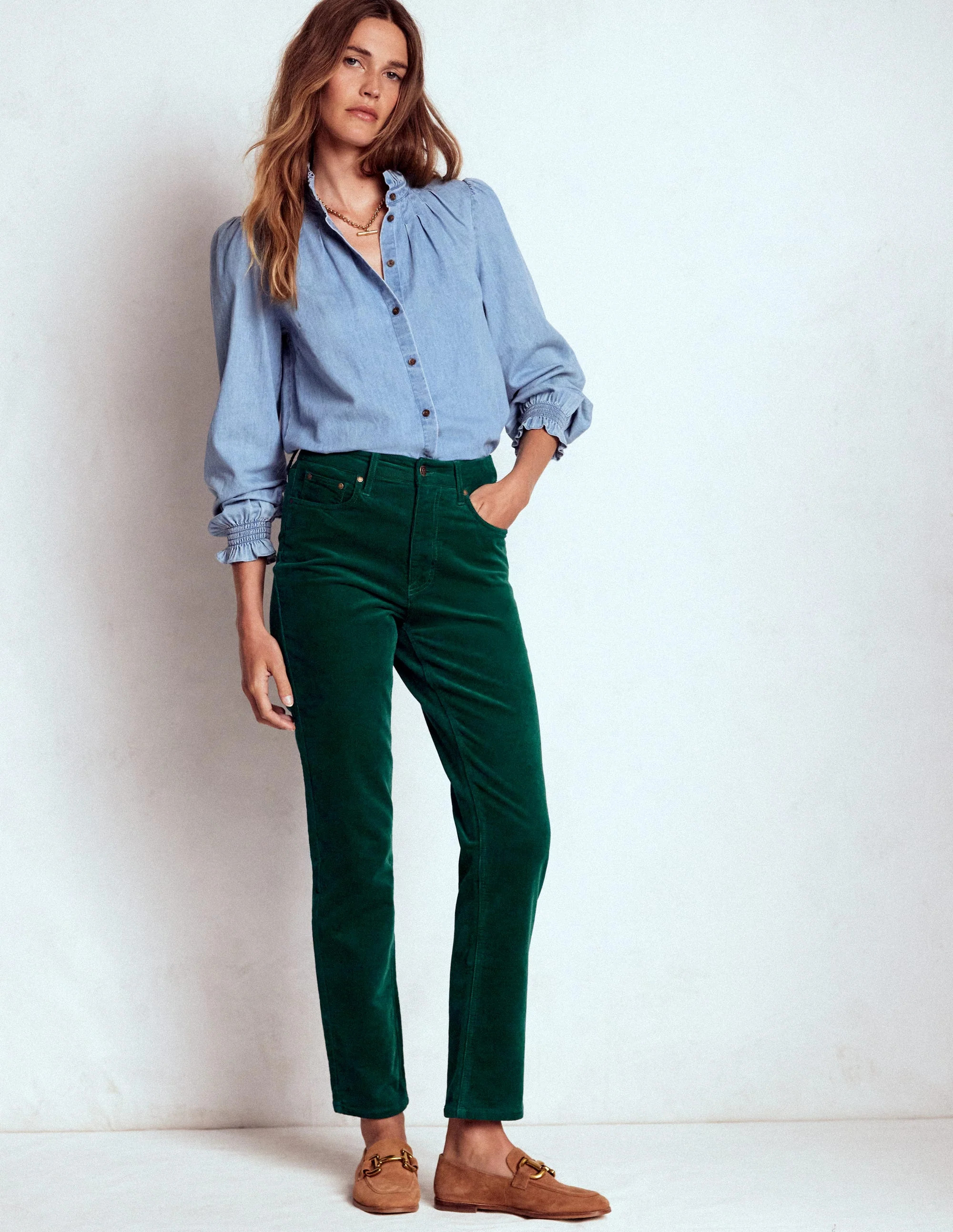 High-Waisted Cord Slim Jeans-Green | Boden UK