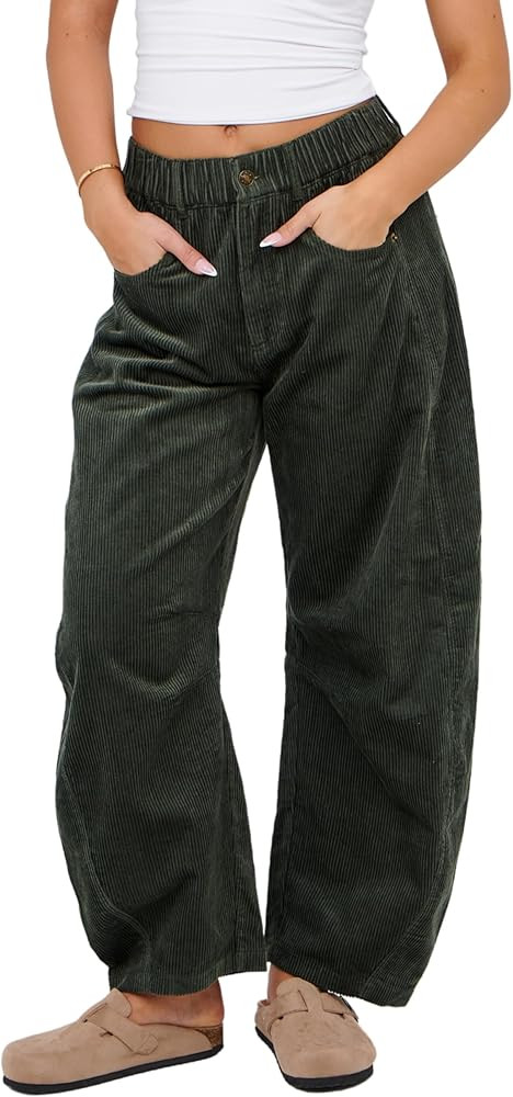 Lviefent Womens Mid Rise Cord Barrel Jeans Casual Baggy Wide Leg Corduroy Cropped Ankle Pants wit... | Amazon (US)