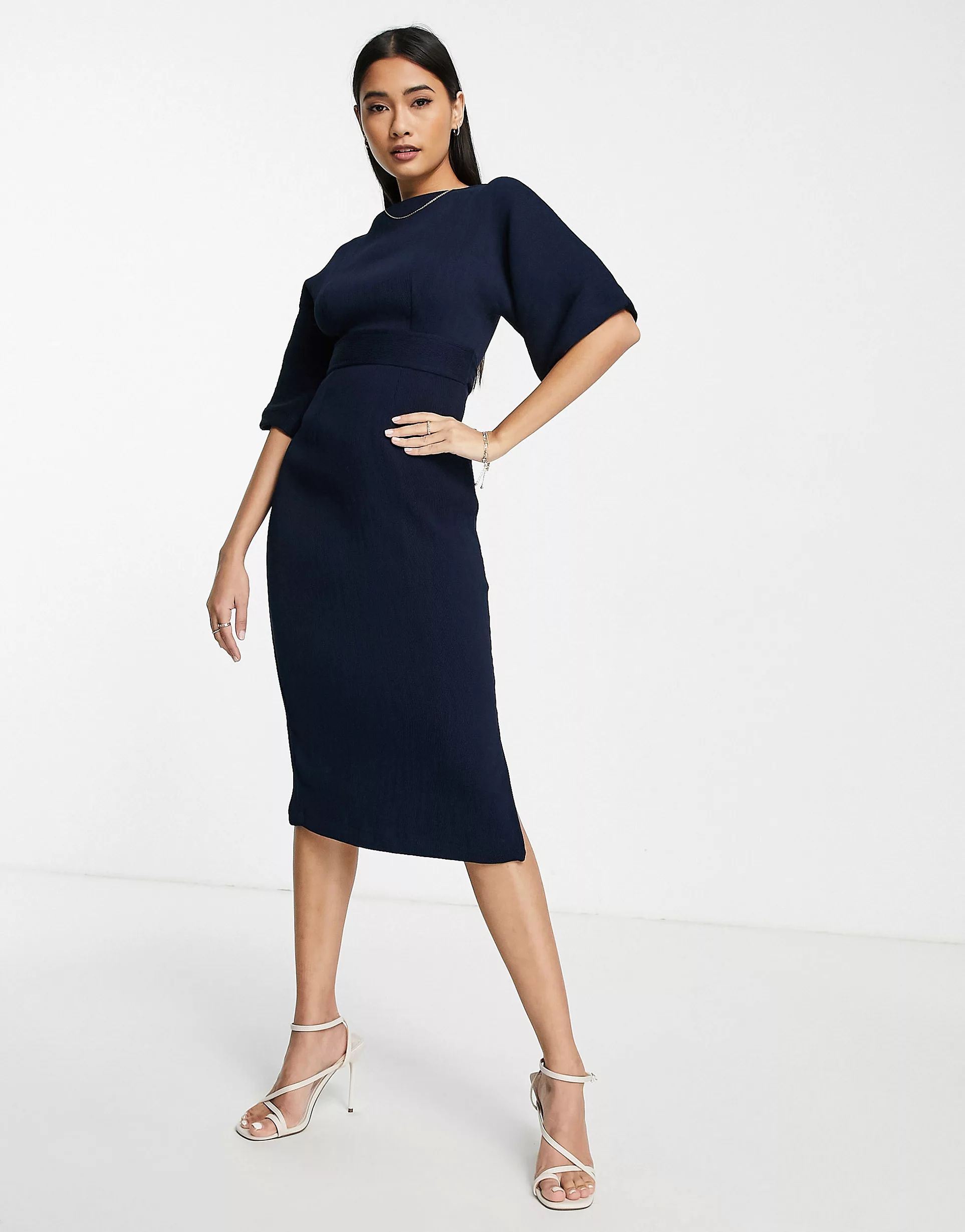 Closet London ribbed pencil dress with tie belt in navy | ASOS (Global)