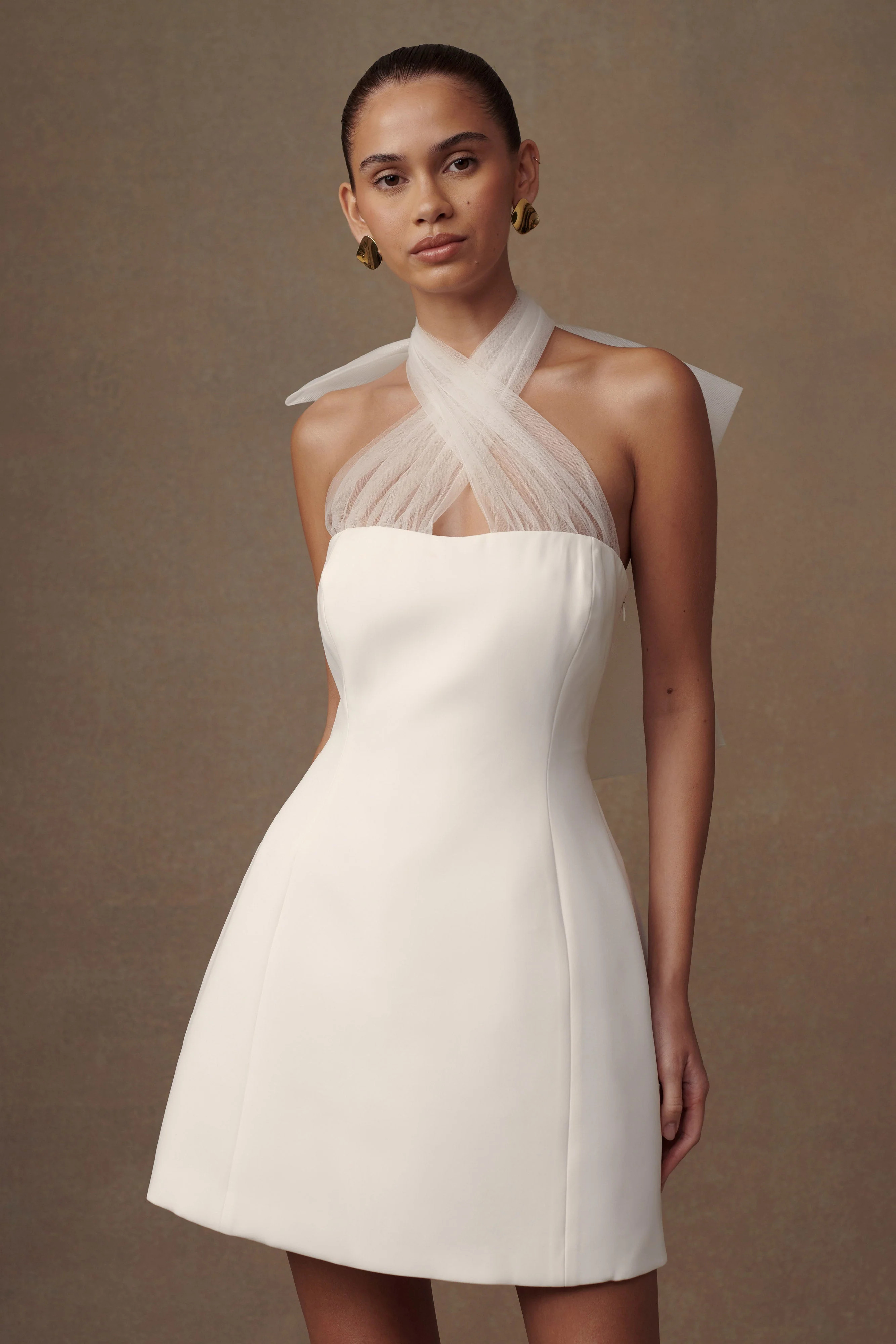 Maryam Tulle Bow Mini Dress - White | MESHKI US