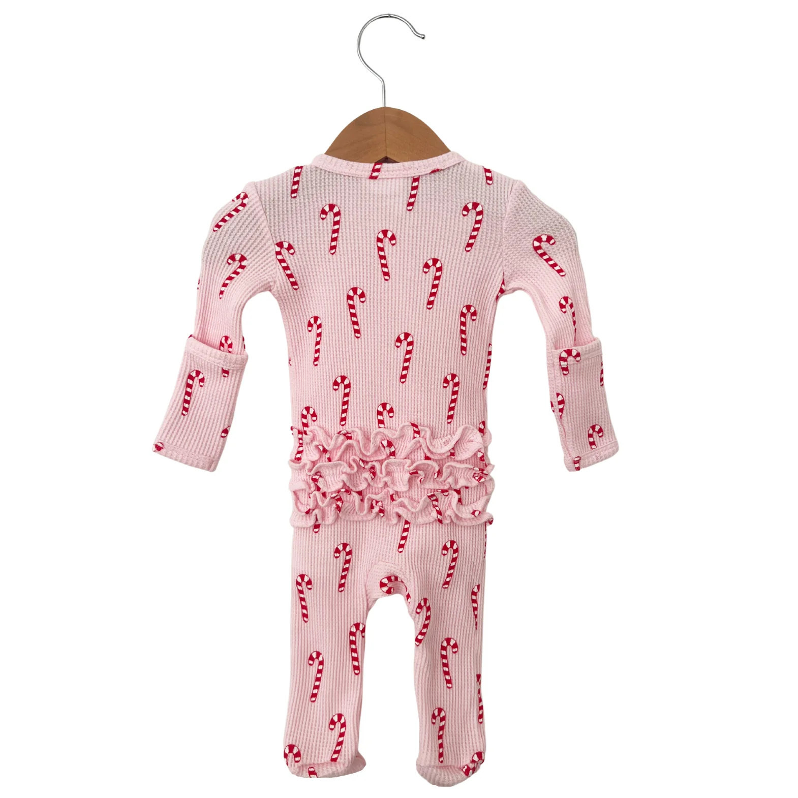 Organic Waffle Ruffle Zip Footie, Pink Candy Cane | SpearmintLOVE