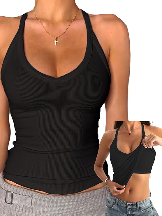 Danysu V Neck Cotton Tank Tops with Built-in Shelf Bra Sleeveless Racerback Fitted Basic Cami Shi... | Amazon (US)