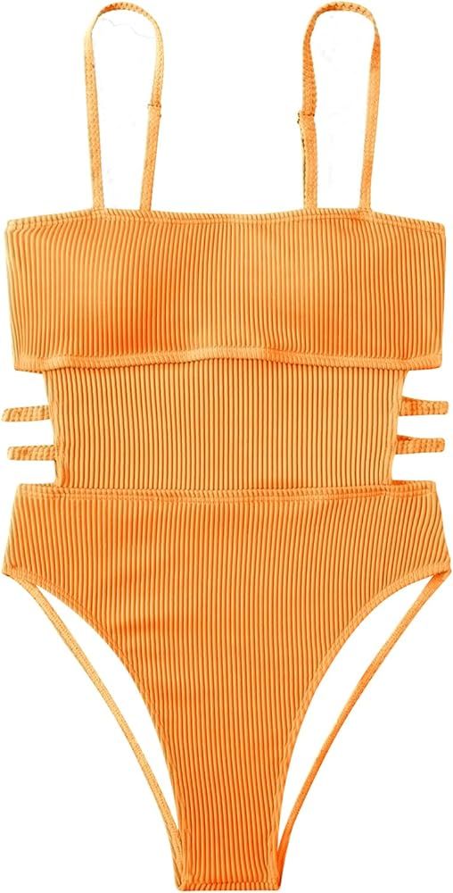 Inadays Women's One Piece Swimsuit Ribbed One Piece Swimwear Cutout Tummy Control Bathing Suit | Amazon (US)
