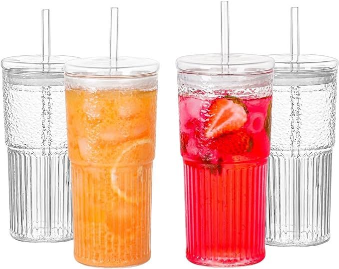 QWEZXO Glass Cups With Lids and Glass Straws，20 OZ 4pcs High Borosilicate Glass Tumbler Iced Co... | Amazon (US)