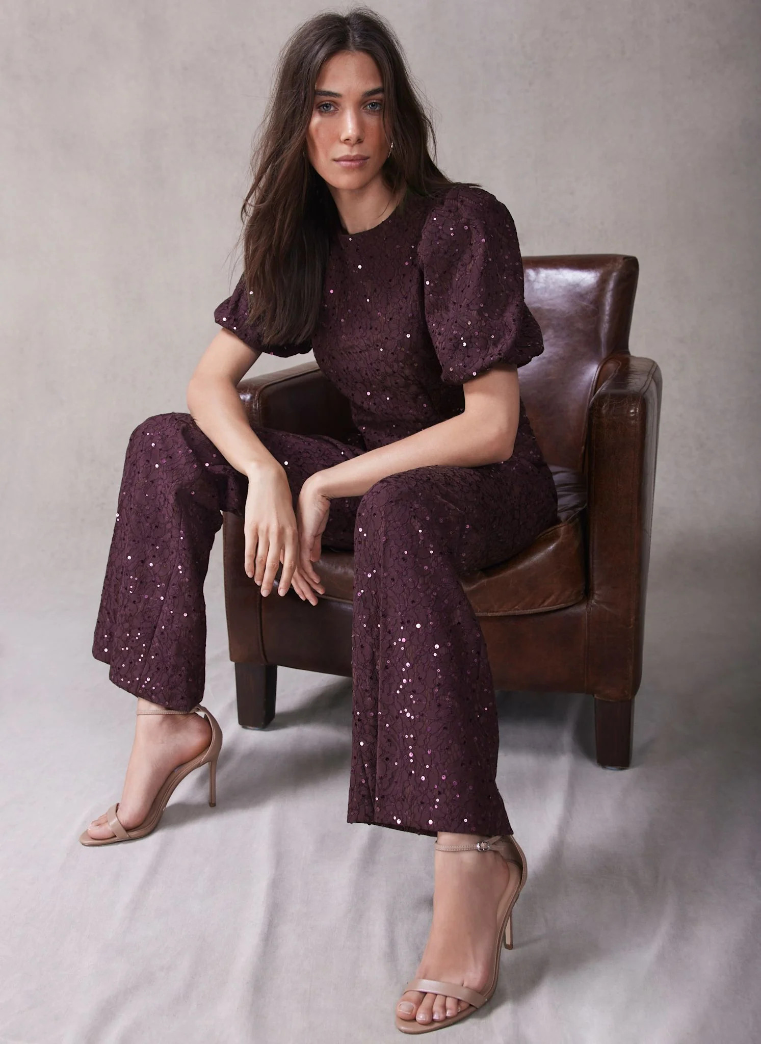 Burgundy Sequin Lace Puff Sleeve Top | Mint Velvet