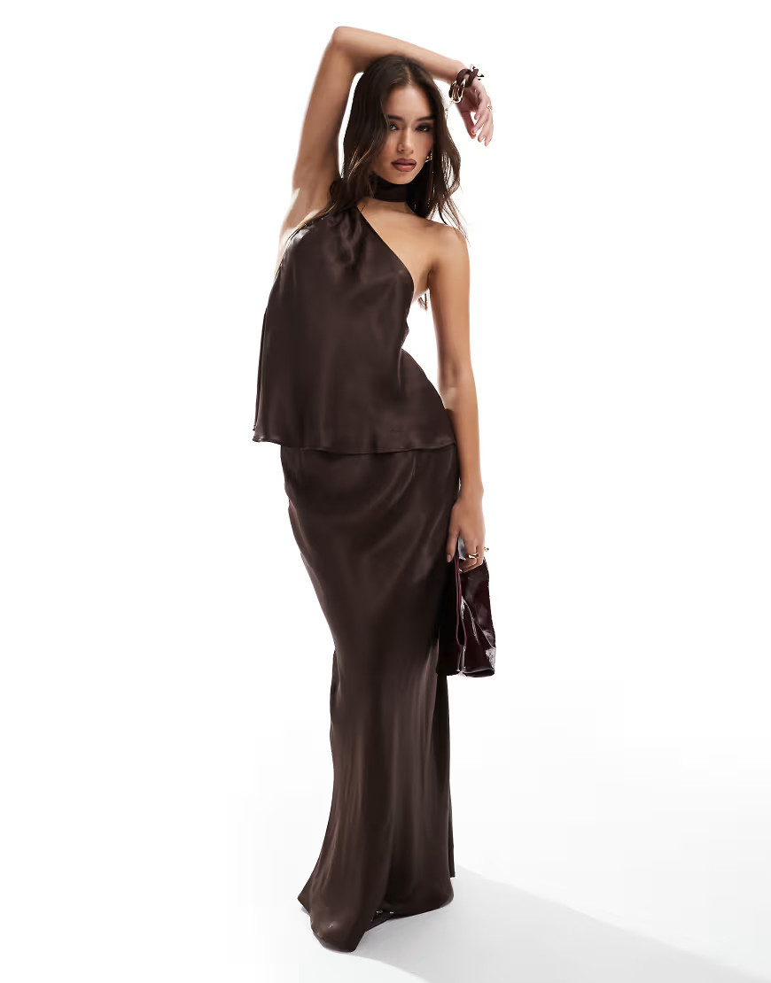 ASOS DESIGN satin bias cut maxi skirt co ord in chocolate-Brown | ASOS (Global)