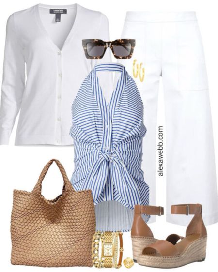 Plus Size Striped Shirt Outfits - A plus size summer outfit with white cropped pants, striped halter top, and wedge sandals by Alexa Webb.

#LTKplussize #LTKstyletip #LTKSeasonal