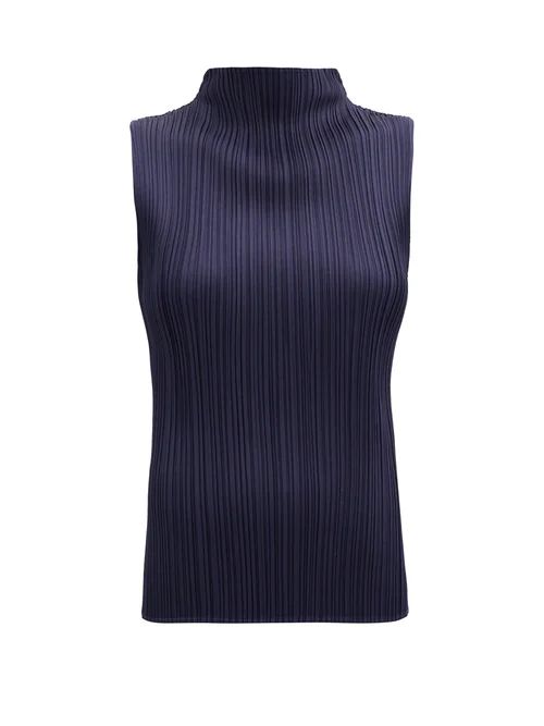 Pleats Please Issey Miyake - Mock-neck Sleeveless Technical-pleated Top - Womens - Navy | Matches (US)