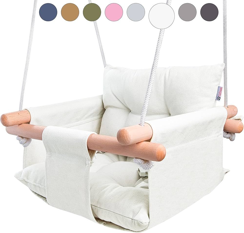 CaTeam - Canvas Baby Swing, Wooden Hanging Swing Seat Chair with Safety Belt, Durable Baby Swing ... | Amazon (US)