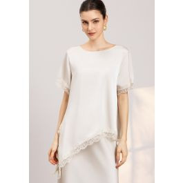 Glossy Asymmetric Lace Trimmed Satin Top in Ivory for Office Days & Client Meetings | Chicwish