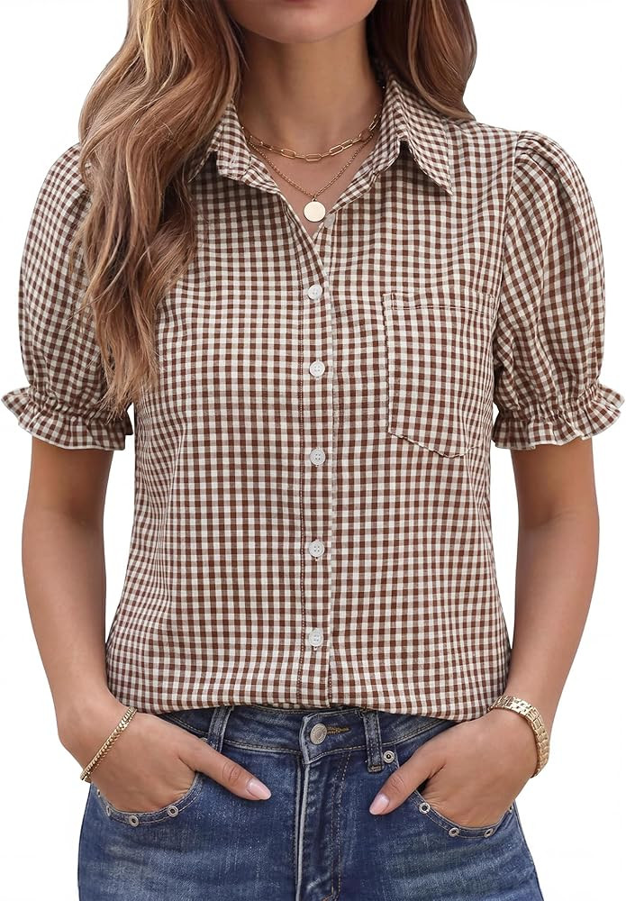 LOMON Linen Shirts for Women Puff Sleeve Button Down Summer Casual Cotton Linen Blouses Collared ... | Amazon (US)
