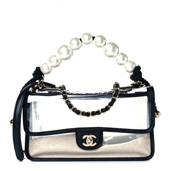 CHANEL Lambskin PVC Sand By The Sea Flap With Pearl Strap Black | FASHIONPHILE | Fashionphile
