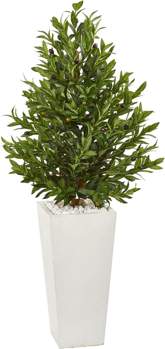Amazon.com: Nearly Natural 4-Ft. Olive Cone Topiary Artificial White Planter UV Resistant (Indoor... | Amazon (US)