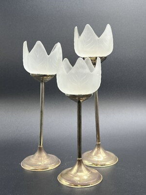 Brass & Frosted Tulip Shaped Glass Tea  Light Candle Holders Lot Of 3 | eBay US
