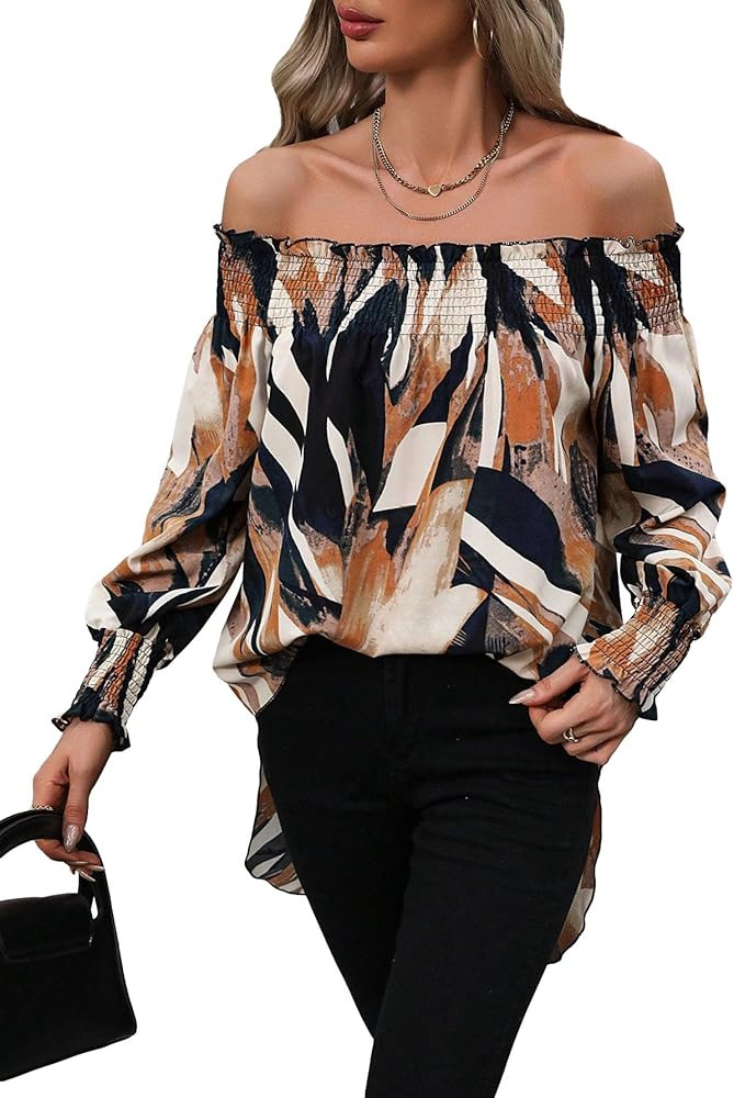 OYOANGLE Women's Allover Print Off Shoulder Long Puff Sleeve High Low Tunic Tops Blouse | Amazon (US)