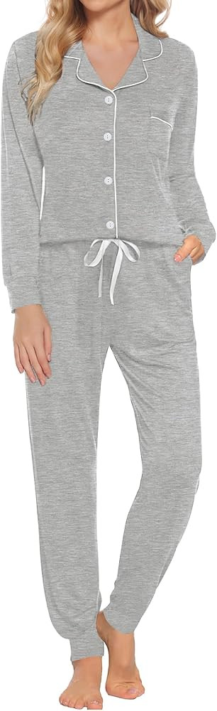 SWOMOG Womens Pajamas Set Long Sleeve Sleepwear Button Down Nightwear Soft Joggers PJs Sets with ... | Amazon (US)