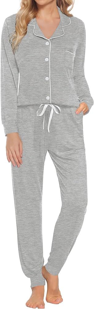 SWOMOG Womens Pajamas Set Long Sleeve Sleepwear Button Down Nightwear Soft Joggers PJs Sets with ... | Amazon (US)