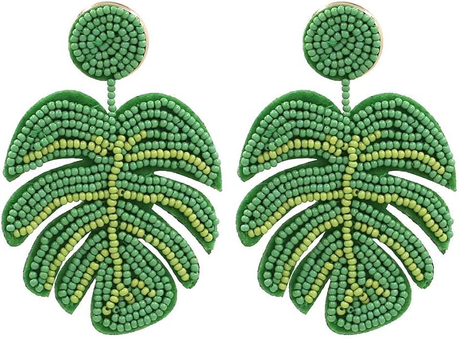 Palm Leaf Earrings Handmade Braided Beaded Dangle Earring Bohemia Tree Seed Bead Drop Earrings Re... | Amazon (US)