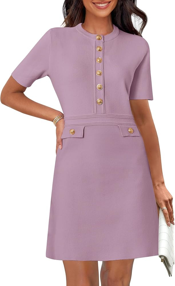 MEROKEETY Women's Knit Bodycon Sweater Dress Button Short Sleeve Crew Neck Elegant Formal Mini Dr... | Amazon (US)