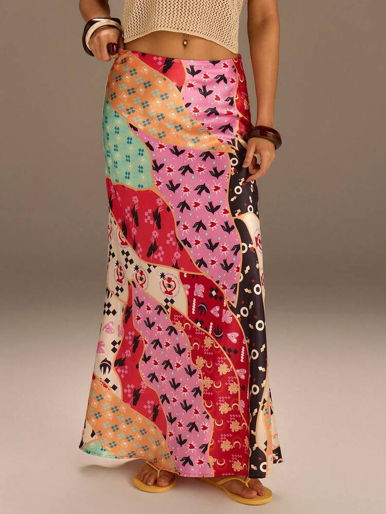 Ath\u00eeral Women's Casual Patchwork Pattern Fishtail Skirt, Suitable For Vacation | SHEIN