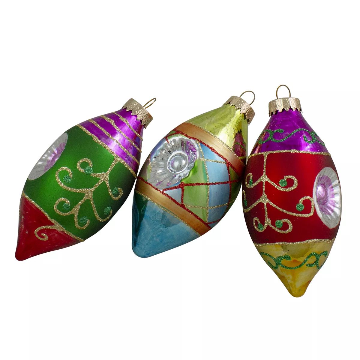 3ct Multi Color with Retro Reflectors Glass Finial Christmas Ornament Set 4.25" (100mm) | Kohl's