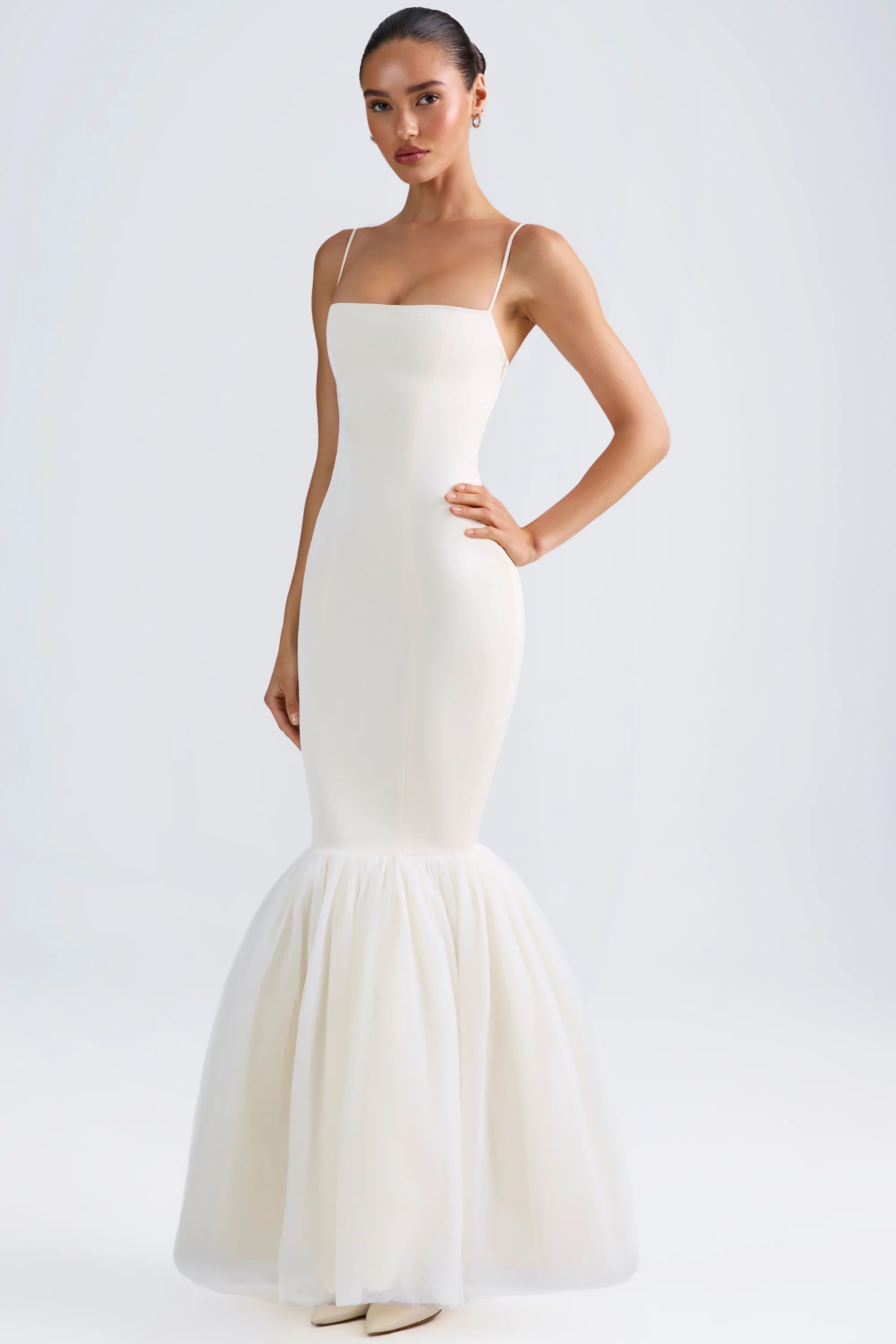 Tulle Hem Fishtail Gown in Ivory | Oh Polly