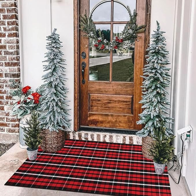 LEEVAN Buffalo Plaid Front Door Mat 24"x 51" Cotton Checkered Porch Rug Outdoor Washable Woven We... | Amazon (US)