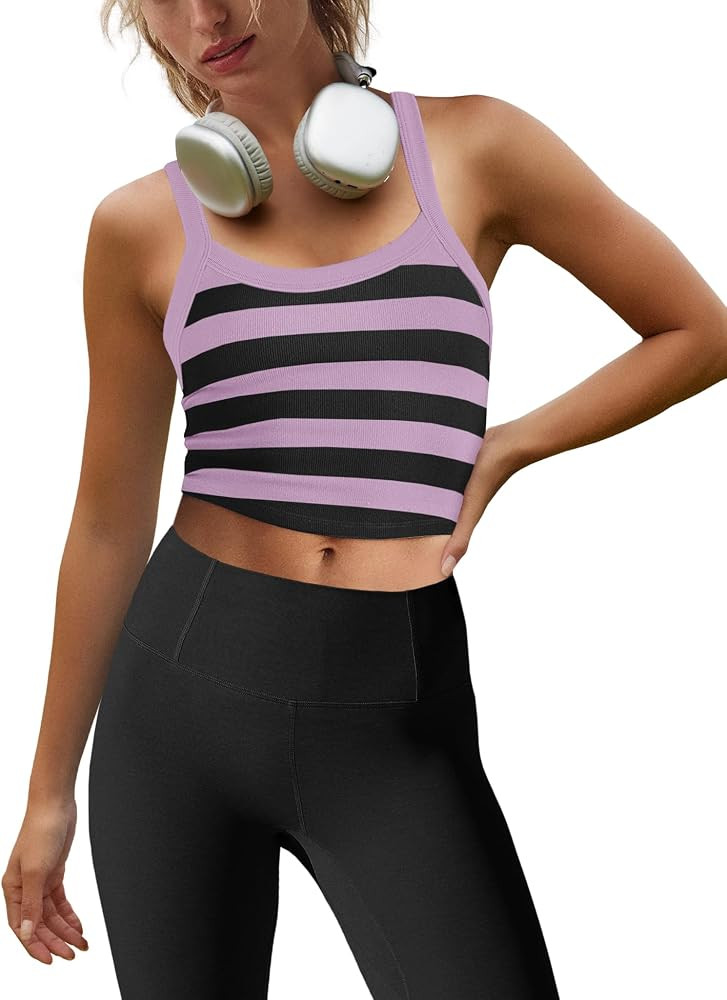 LAMISSCHE Cropped Tank Tops for Women Striped Spaghetti Strap Tank Top Workout Running Sports Bra... | Amazon (US)