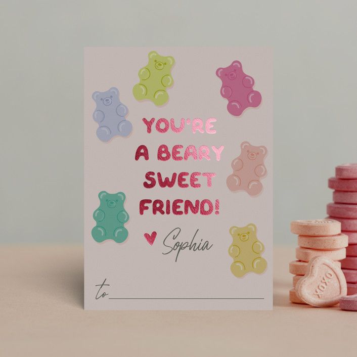 "beary sweet" - Customizable Foil-pressed Classroom Valentine's Day Cards in Pink by Karidy Walke... | Minted