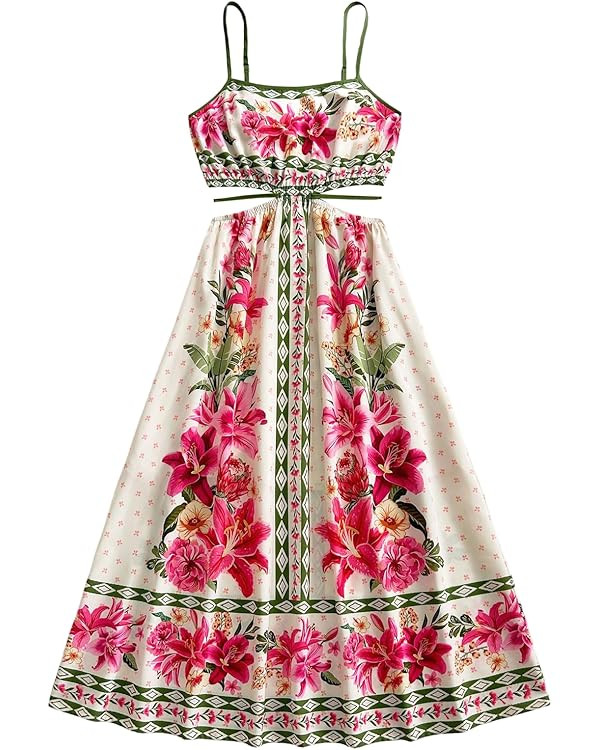 OYOANGLE Women's Floral Midi Cami Dress Cut Out Spaghetti Strap Ruffle A Line Boho Sundress | Amazon (US)