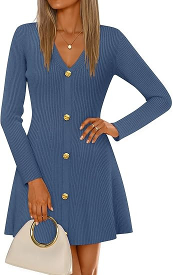 ZESICA Women's Fall Long Sleeve Sweater Dress 2026 Casual V Neck Button Ribbed Knit A Line Swing ... | Amazon (US)
