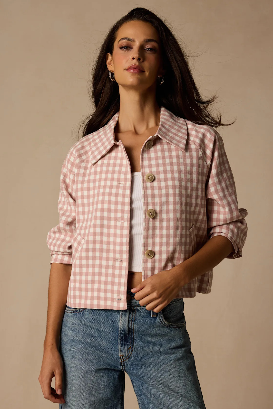 Clemmie Pink and White Gingham Cropped Shacket | Lulus